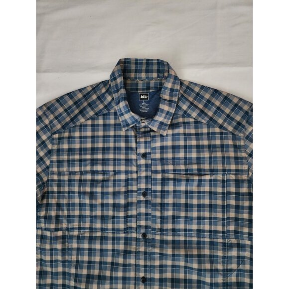 REI Men's Vented Short Sleeve Button-Up Sahara Tech Blue Plaid Shirt Size Large - Picture 3 of 11